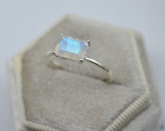 Natural Moonstone Ring-Emerald Cut Moonstone Ring-Fire Moonstone Ring-Stackable Ring-Sterling Silver Ring-14K Solid Gold Ring-Gift For Girls