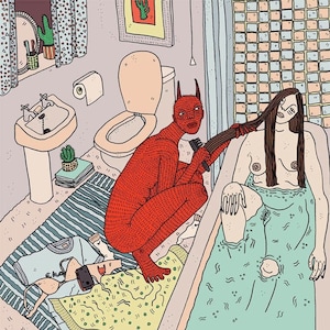Officiële Polly Nor-kunstprint - 'Babe You're Going To Be Fine' - Gesigneerd door de kunstenaar (illustratie demon/duivel en vrouw in bad)