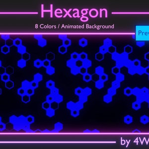 Puede incluir: Fondo animado con un patrón hexagonal en tonos azules sobre un fondo negro. El texto "Hexagon" y "8 Colores / Fondo Animado" se muestra sobre el patrón. El texto "Vista previa" se muestra en un cuadro azul en la esquina superior derecha. El texto "by 4Wobi" se muestra en la esquina inferior derecha.