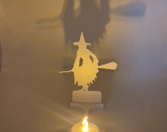 Spooky Halloween Candle Holder, Shadow Casting Witch on Broomstick LED Candle, Home Decor Projection
