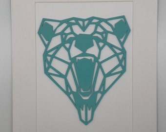 Geometric Bear Wall Art, Minimalistic Animal Decoration, Modern Aqua Blue Home Decor, Unframed A4 Picture, Hanging 3D Print, Gift for House.