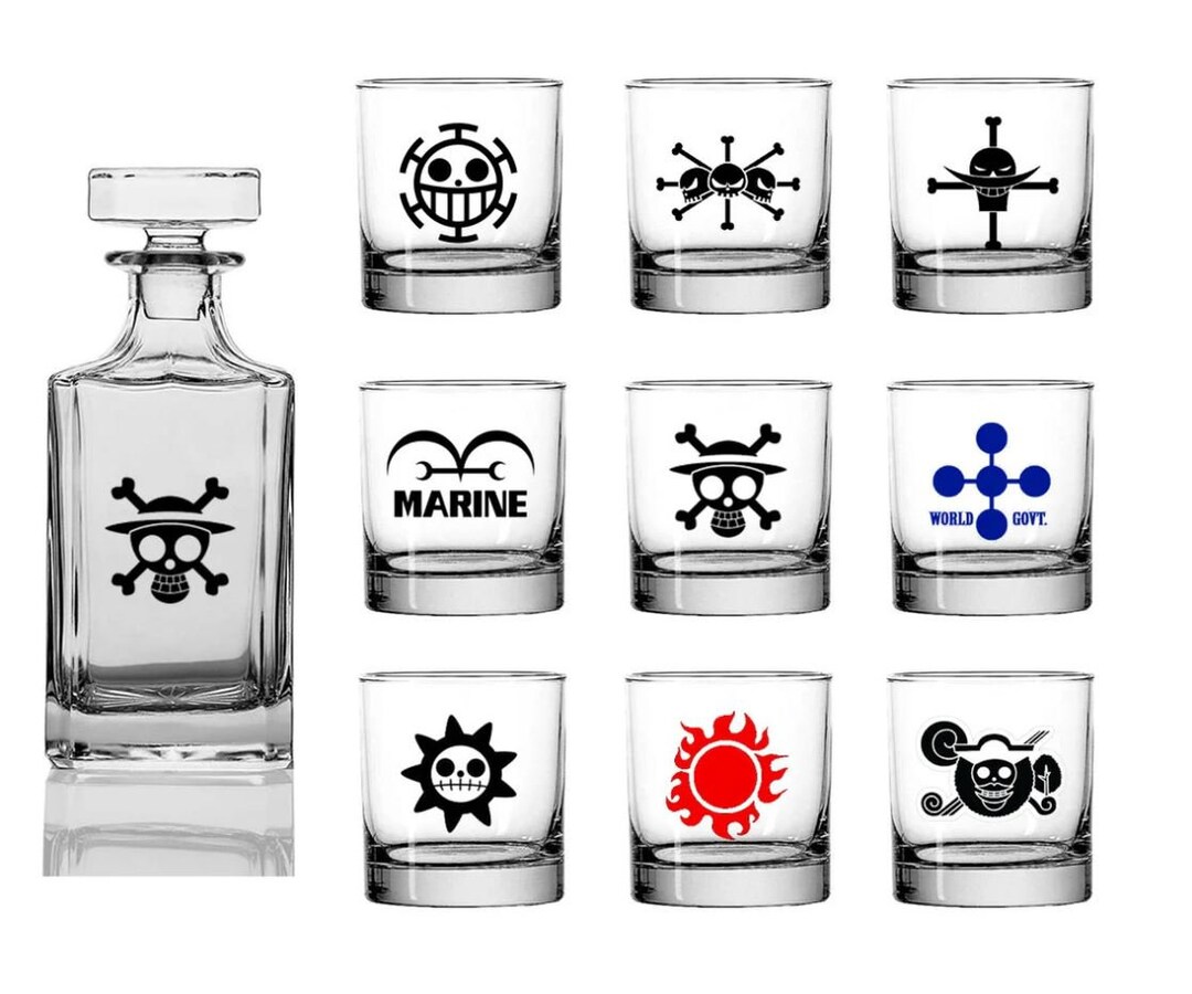 Anime Jolly Roger Pirate Flag Symbols Inspired Whiskey Decanter | Rocks Glasses -  Create your own set! Great gift!  Personalize it!