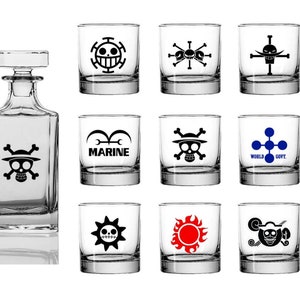 Anime Onepiece Jolly Roger Pirate Flag Symbols Inspired Whiskey Decanter | Rocks Glasses -  Create your own set! Great gift!