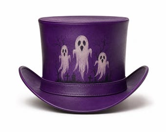 Purple Leather Top Hat, Ghost Print Top Hat, Handmade Gothic Hat, Victorian Style Hat, Halloween Hat, Cosplay Leather Hat