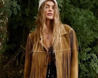 Women's Vintage Fringe Leather Jacket tan Brown Suede Leather Jacket,Braided Ladies Leather Jacket , Western Jacket- Gifts For Her