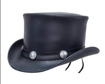 Sombrero de copa de cuero negro Sombrero de copa hecho a mano Sombrero victoriano de banda de estilo Bull Nickle / Sombrero de copa Steampunk Regalos para él, regalos para hombres