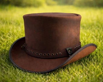 Distressed Brown Leather Top Hat, Handcrafted Ring Band, Gothic Steampunk Style