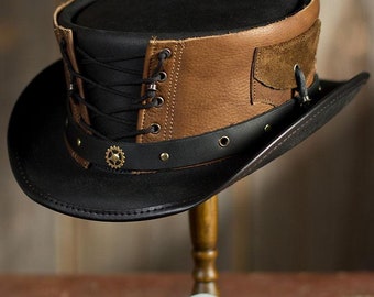 Black & Brown Leather Top Hat Handcrafted Top Hat Waisted Corset Style Gothic Hat / Steampunk Top Hat Gifts For Him , Gifts For Men