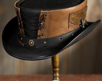 Sombrero de copa de cuero negro y marrón Sombrero de copa hecho a mano Estilo corsé Sombrero gótico / Steampunk Top Hat Regalos para él, regalos para hombres