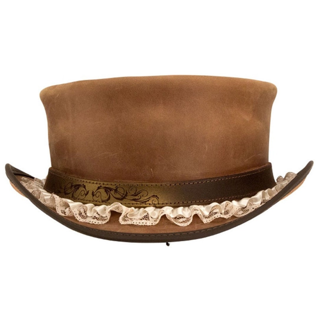 Distress Brown Leather Top Hat Handcrafted Top Hat Ladies Victorian Hat
