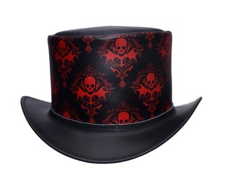Black & Red Leather Top Hat Handcrafted Leather Hat , Royal Skulls Gothic Hat Steampunk Top Hat Gifts For Him , Gifts For Men