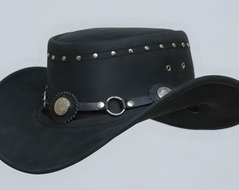 Black Leather Cowboy Hat Handcrafted , Ring Style Band Western Hat / Rodeo Hat Gifts For Him , Gifts For Men