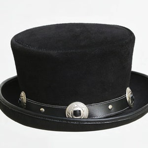 Rocker Black Suede Leather Top Hat Handcrafted Leather Hat , Conchos ...