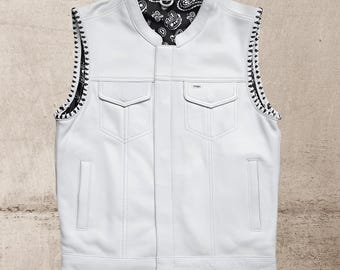 Herren Leder Club Weste Rindsleder Weiß Geflochtene Lederweste, Herren Biker Lederweste, Motorradfahrer Weste-Geschenk für ihn Geschenk für Männer