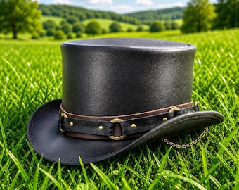 Handcrafted Black Leather Top Hat, Gothic Steampunk SR2 Band Style