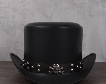 Black Leather Top Hat Handcrafted Top Hat Skulls Style Band Gothic Hat / Steampunk Top Hat Gifts For Him , Gifts For Men