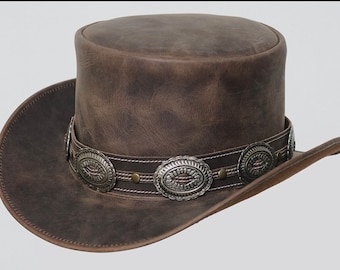 Brown Leather Top Hat Handcrafted Pale Rider , Conchos Style Band Gothic Hat / Steampunk Top Hat Gifts For Him , Gifts For Men