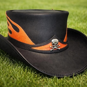 Black Leather Top Hat Handcrafted Top Hat Orange Flame Skull Style Band Gothic Hat / Steampunk Top Hat Gifts For Him , Gifts For Men