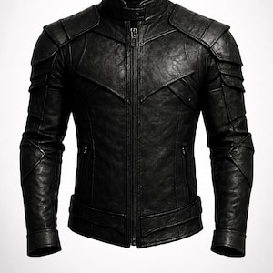 May include: A black leather jacket with a stand-up collar and a full-length zipper. The jacket features padded shoulders and articulated panels on the sleeves and upper chest. The jacket has a sleek, modern design.