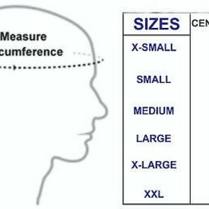 Puede incluir: Una tabla de tallas para la circunferencia de la cabeza con un dibujo lineal de un perfil de cabeza humana y una l&iacute;nea discontinua que indica d&oacute;nde medir. La tabla enumera tallas de X-SMALL a XXL con medidas en cent&iacute;metros de 54 a 62.
