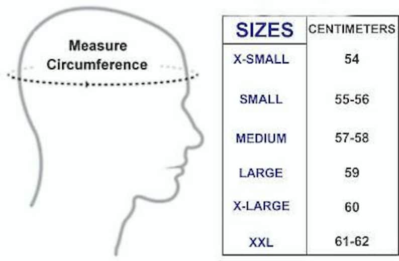 Puede incluir: Una tabla de tallas para la circunferencia de la cabeza con un dibujo lineal de un perfil de cabeza humana y una l&iacute;nea discontinua que indica d&oacute;nde medir. La tabla enumera tallas de X-SMALL a XXL con medidas en cent&iacute;metros de 54 a 62.