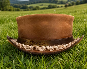 Handcrafted Distress Brown Leather Top Hat, Steampunk Victorian Style Ladies Hats