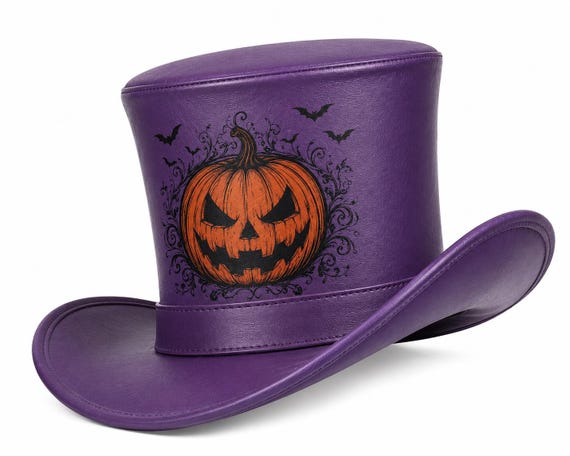 Purple Leather Top Hat, Jack O Lantern Print Hat, Handmade Gothic Top Hat, Victorian Leather Hat, Halloween Cosplay Costume Hat