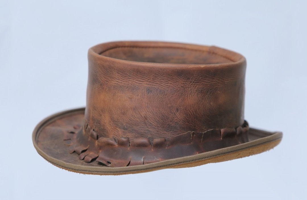 Brown Leather Top Hat Handcrafted Pale Rider , Burn Style Band Gothic