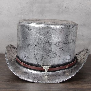 Leather Top Hat Handcrafted Top Hat Silver Vintage Bull Style Band Gothic Hat / Steampunk Top Hat Gifts For Him , Gifts For Men