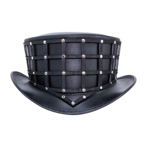 May include: A black leather top hat with a cage-like design made of leather straps and silver studs.