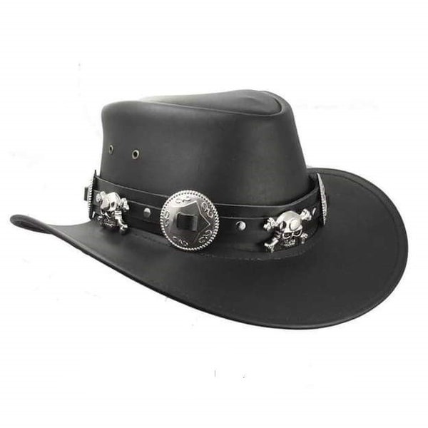 Black Leather Cowboy Hat Handcrafted , Skulls Style Band Western Hat / Rodeo Hat Gifts For Him , Gifts For Men