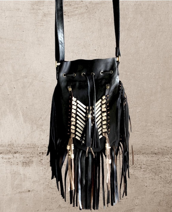 Leather Fringes Boho Purse Leather Fringed Bag Black Leather