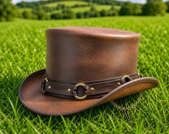 Handcrafted Brown Leather Top Hat, Gothic Steampunk Chain SR2 Band Style