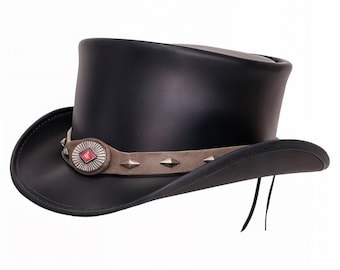 Black Leather Top Hat Handcrafted Top Hat Conchos Style Band Gothic Hat / Steampunk Top Hat Halloween Hat Gifts For Him , Gifts For Men