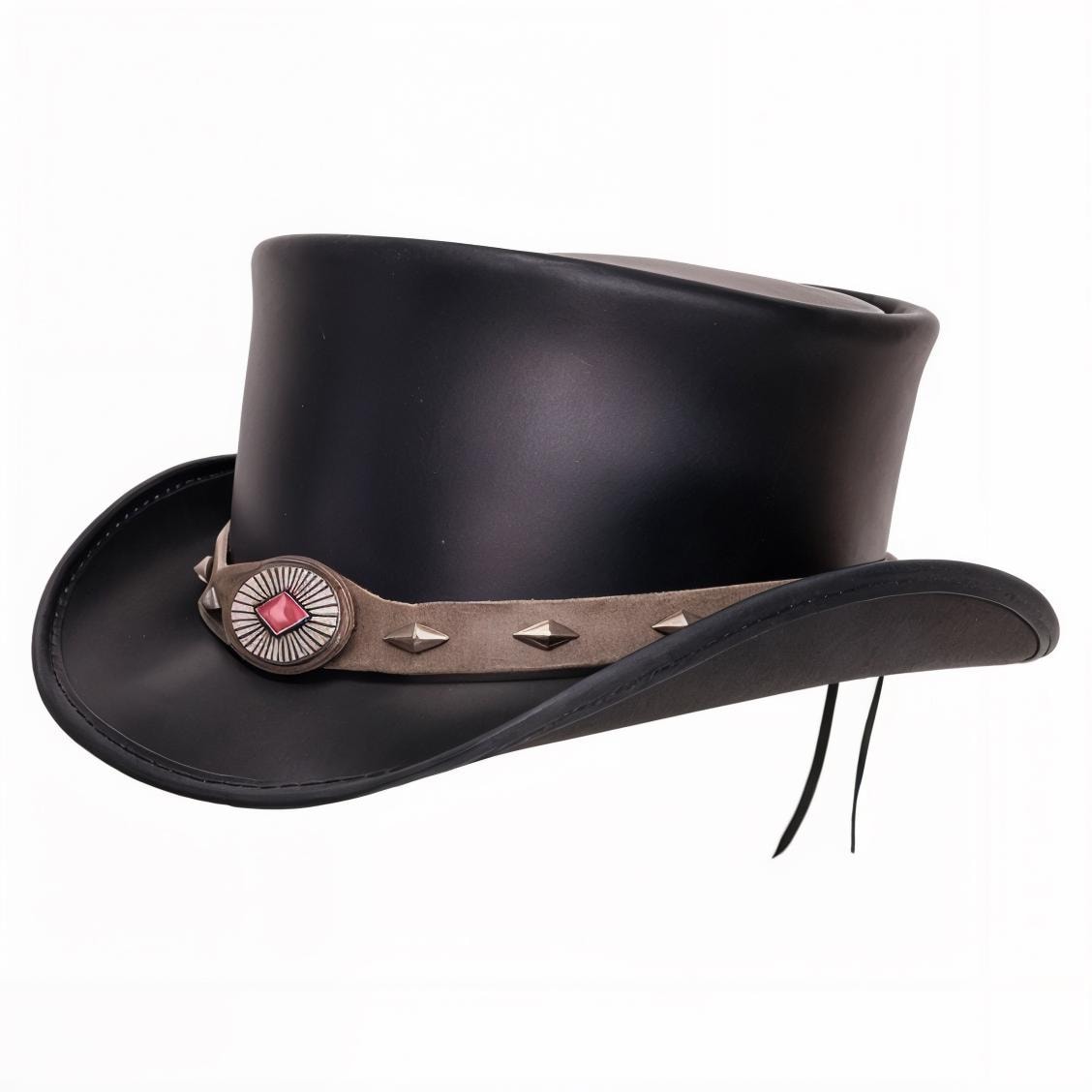 Black Leather Top Hat Handcrafted Top Hat Conchos Style Band