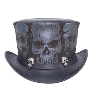 Black Leather Top Hat Handcrafted Skulls Style Top Hat Skulls Band Gothic Hat / Steampunk Top Hat Gifts For Him , Gifts For Men
