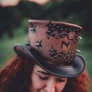 Rocker Brown Leather Top Hat Handcrafted Leather Hat , Rock N Roll Spikes Gothic Hat / Steampunk Top Hat Gifts For Him , Gifts For Men