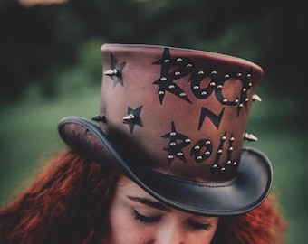 Handgefertigter Steampunk Steampunk Rocker Hut aus Braunem Leder