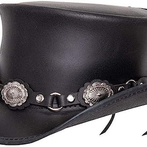 Zwart lederen hoge hoed handgemaakte hoge hoed conchos stijl band Victoriaanse hoed/Steampunk hoge hoed giften voor hem, giften voor mannen