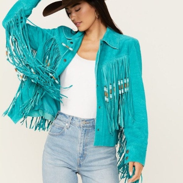 Women's Vintage Fringe Leather Jacket Suede Leather Jacket, Ladies Cowgirl Leather Jacket , Western Jacket- Gifts For Her