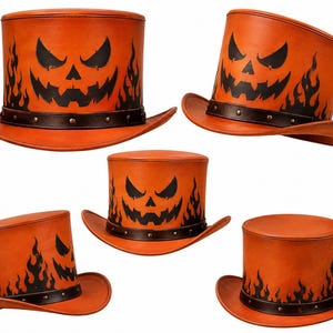 May include: Five orange top hats featuring a black jack-o'-lantern face and flame pattern. Each hat has a dark brown leather-like band around the base adorned with small metallic studs. The hats are shown from various angles against a white background.