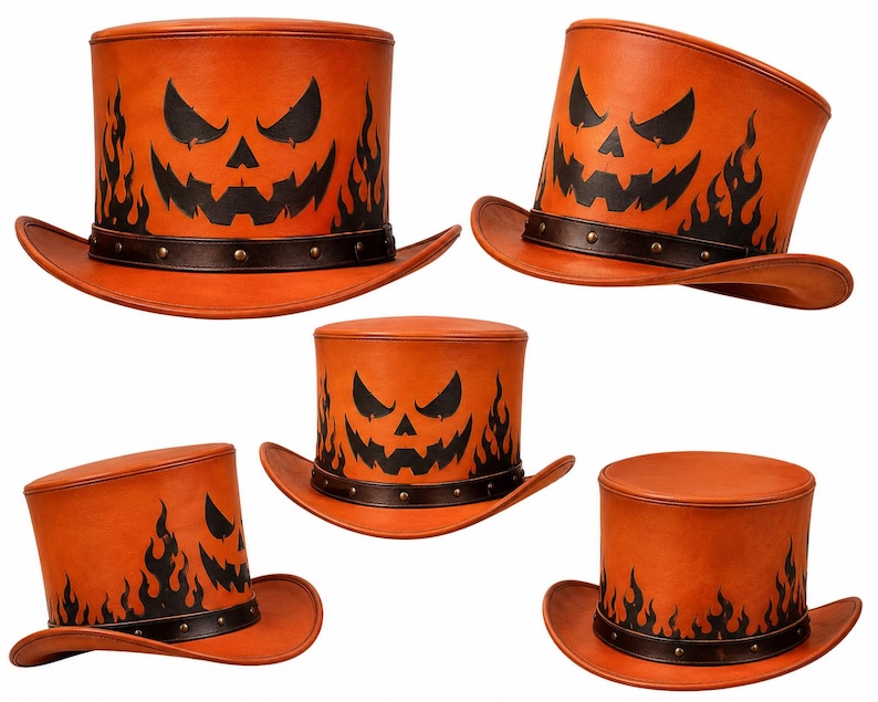 May include: Five orange top hats featuring a black jack-o'-lantern face and flame pattern. Each hat has a dark brown leather-like band around the base adorned with small metallic studs. The hats are shown from various angles against a white background.