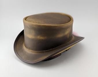 Distress Brown Leather Top Hat Hand Crafted Top Hat Without Band Gothic Top Hat / Steampunk Top Hat Gifts For Him , Gifts For Men