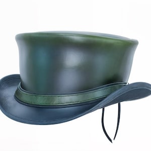 Handcrafted Leather Top Hat, Green & Black, Steampunk Gothic Hat