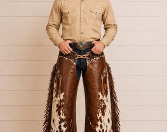 Puede incluir: Un hombre con sombrero de vaquero marrón, camisa beige abotonada y chaparreras de piel de vaca marrón y blanca con flecos. Las chaparreras están sobre unos vaqueros azules. Se ve una hebilla de cinturón plateada.