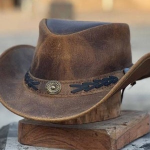 Hat For Men Brown and Black Leather Hat Hand Made Cowboy Hat Western Leather Hat