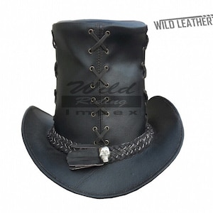 Zwart lederen hoge hoed handgemaakte heks stijl hoge hoed schedels stijl band gotische hoed / Steampunk hoge hoed cadeaus voor hem, cadeaus voor mannen