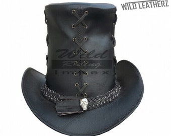 Black Leather Top Hat Handcrafted Witch Style Top Hat Skulls Style Band Gothic Hat / Steampunk Top Hat Gifts For Him , Gifts For Men