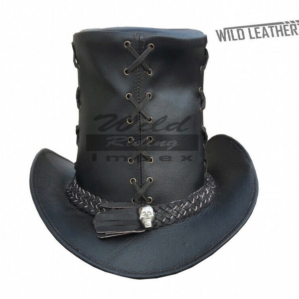 Sombrero de copa de cuero negro hecho a mano estilo bruja sombrero de copa calaveras estilo banda sombrero gótico / Steampunk sombrero de copa regalos para él, regalos para los hombres