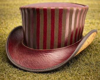 Handcrafted Maroon Leather Top Hat, Strap Style, Gothic Steampunk